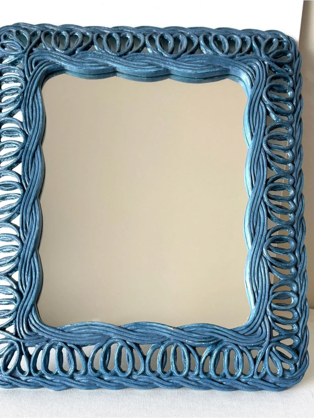 Hoda Mirror Blue 1981 Vintage Faux Wicker 3950 Wall Vertical/Horizontal Accent